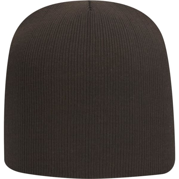 A classic knit beanie in a dark brown colour with a ribbed texture and a logo.