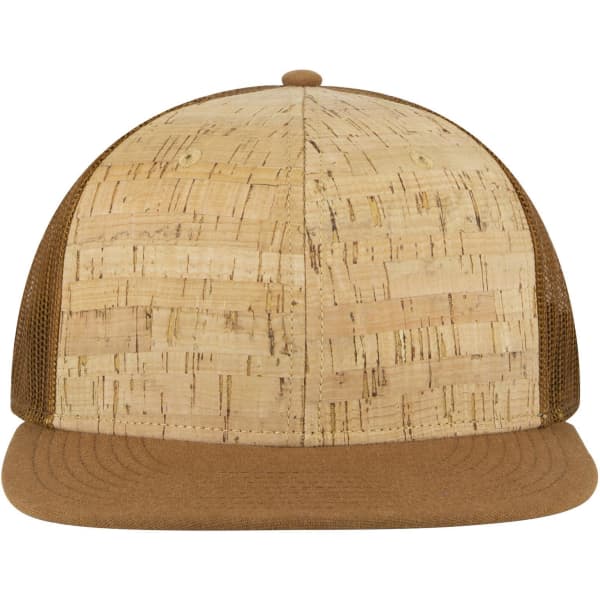 A brown 6-panel mid-profile trucker cap with a cork-textured front and mesh back. Features a curved brim and logo.