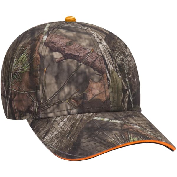 A camo patterned low profile baseball cap featuring earthy tones and an orange accent on the brim.