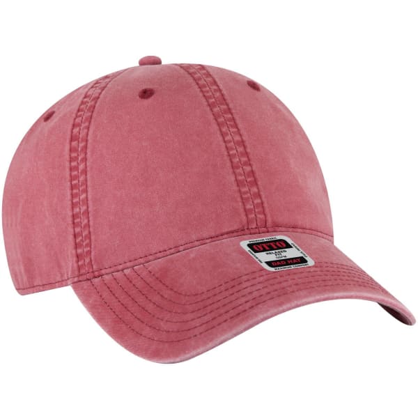 A pink six-panel low profile dad cap with stitching details and a logo on the side.