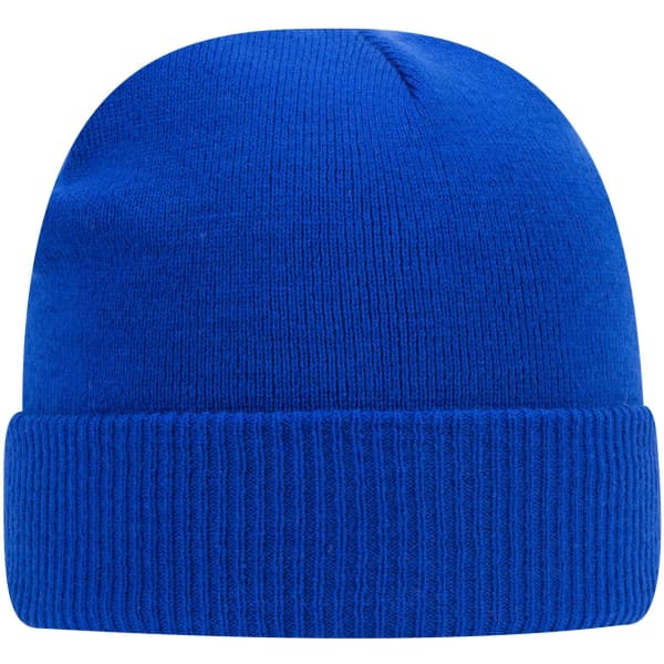 A blue classic knit beanie with a ribbed cuff and a smooth top, featuring a logo.