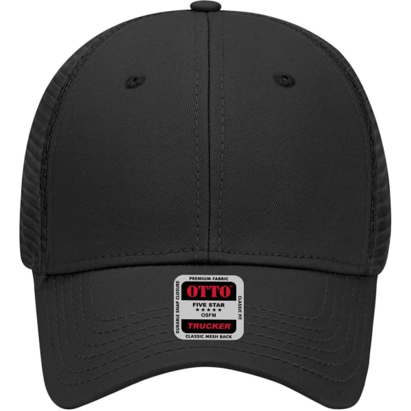A black 6 panel low profile trucker cap with a mesh back and a logo label on the front.