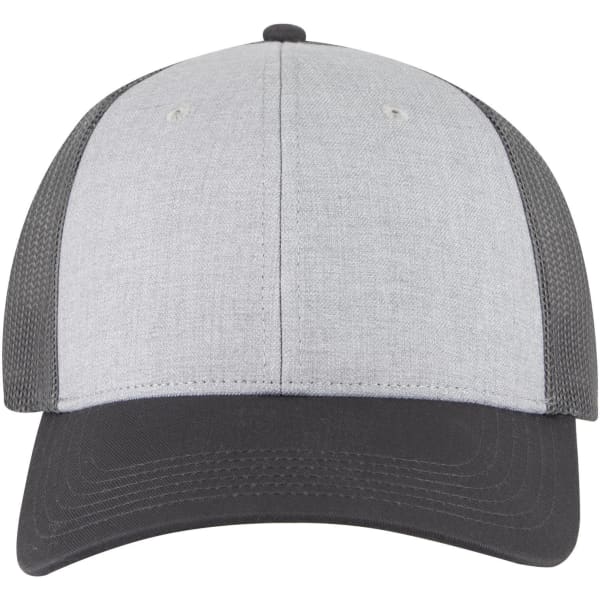 A grey and black low profile trucker cap with a mesh back and a logo on the front.