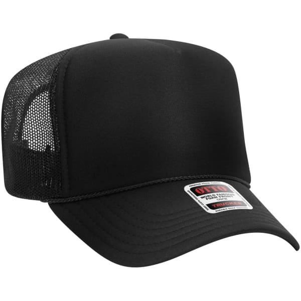 A black 5 Panel High Crown Trucker Cap featuring mesh panels and a branded label on the front.