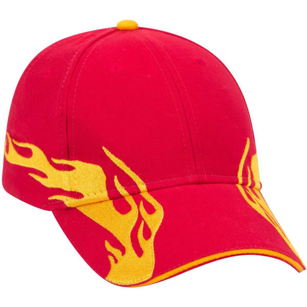 A red baseball cap with yellow flame designs and a rounded peak, featuring a logo on the front.