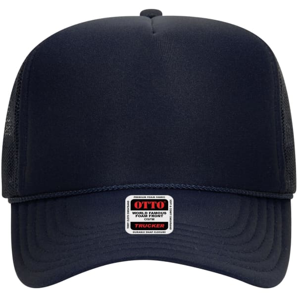 A navy blue 5 panel high crown trucker cap with a mesh back and a logo on the front.