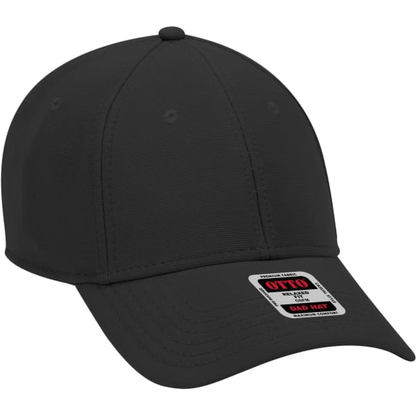 A black low-profile six-panel baseball cap featuring a logo on the front.