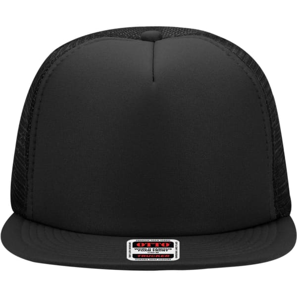 A black 5 Panel High Crown Trucker Cap with mesh sides and a branding label on the front.