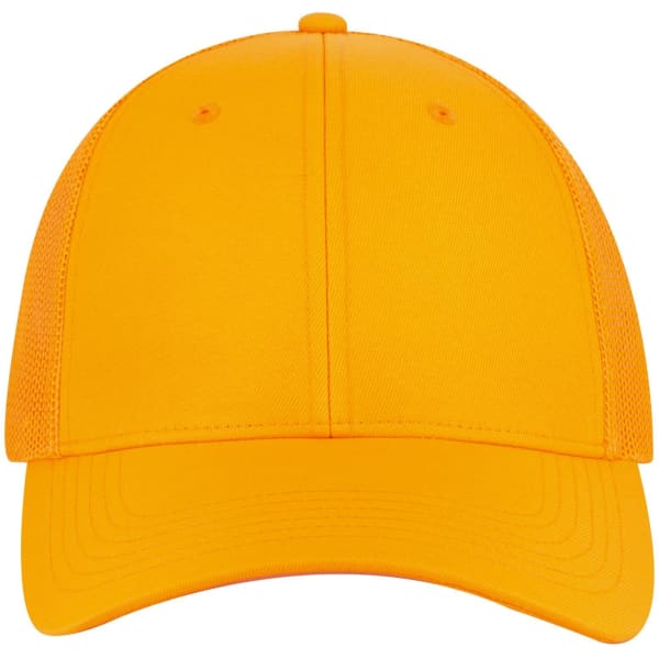 A bright yellow 6 panel low profile trucker cap with a mesh back and a structured front.