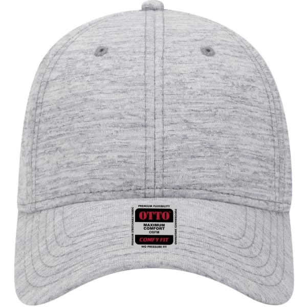 A grey low profile baseball cap with a six-panel design and a logo on the front.
