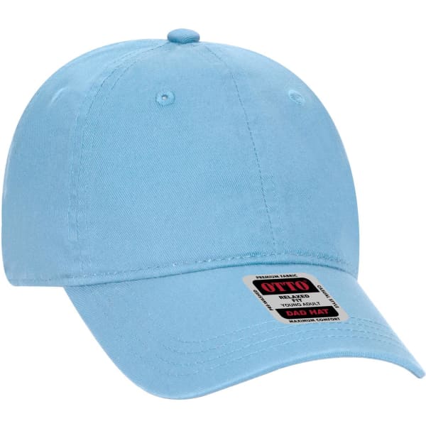 A light blue 6 panel low profile dad cap featuring a tag, designed as casual headwear.