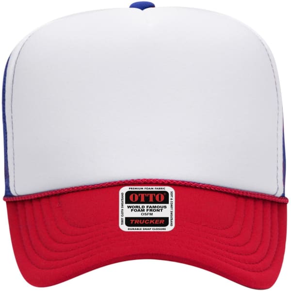 A 5 panel high crown trucker cap in white with a red brim and blue accents, featuring a logo on the front.