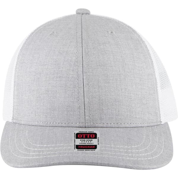 A grey 6 panel mid-profile trucker cap with a mesh back and a branded label on the front.