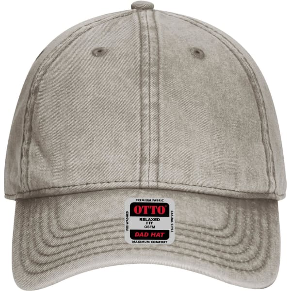 A grey 6 panel low profile dad cap with a logo tag on the front. Features a relaxed fit and fabric texture.
