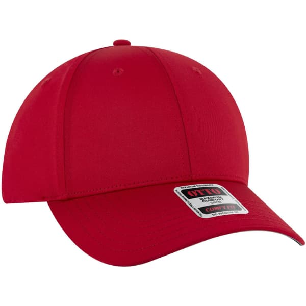 A red low profile baseball cap with a six-panel design and a branded logo.