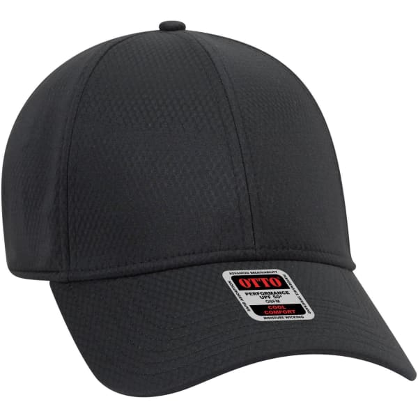 A black UPF 50+ 6-panel low profile baseball cap with a logo on the front.