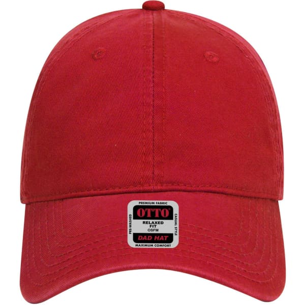 A red 6 panel low profile dad cap with a logo on the front and a relaxed fit.