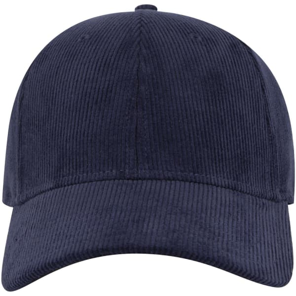 A navy blue corduroy six-panel low-profile baseball cap with a logo on the front.