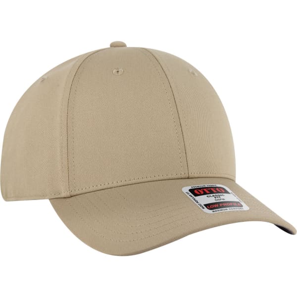 A beige 6 panel low profile baseball cap with a fitted design and a branded label on the side.