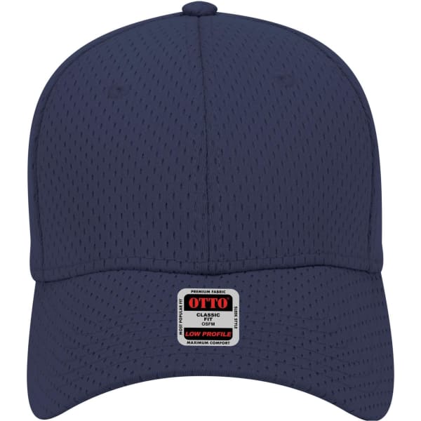 A navy blue low profile baseball cap with a logo on the front and mesh texture.
