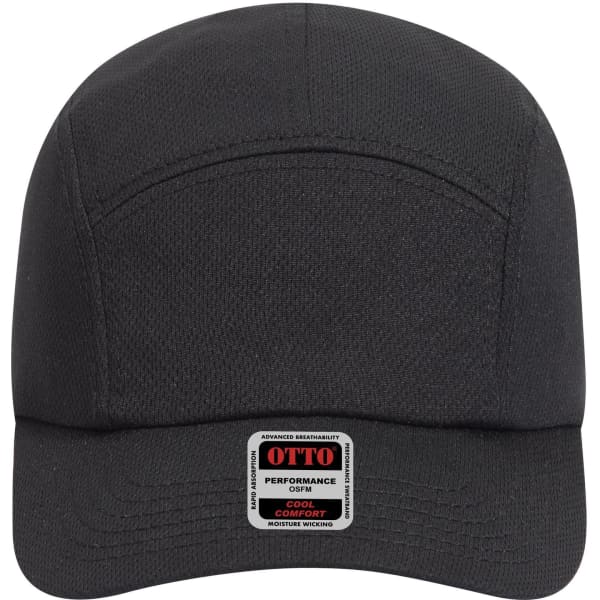 A black 5-panel running cap featuring a logo and a structured crown design. The cap has a flat brim.