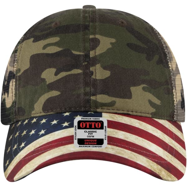A camo-patterned trucker cap with a low profile, featuring a patriotic striped brim and a logo.