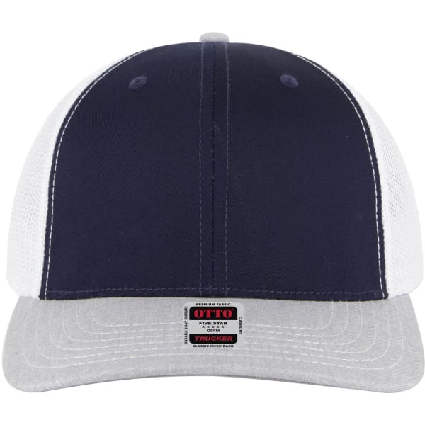 A navy and grey 6 Panel Mid Profile Trucker Cap with a mesh back and a logo on the front.