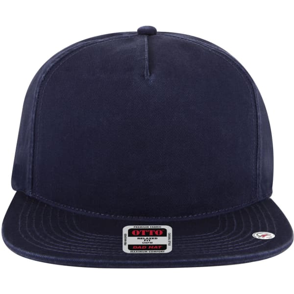A navy 5 Panel Low Profile Style Dad Cap featuring a flat brim and a logo on the front.