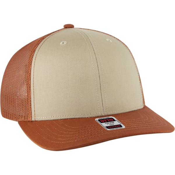 A mid-profile trucker cap featuring a cream front and dark orange mesh sides. It has a branded label on the front.