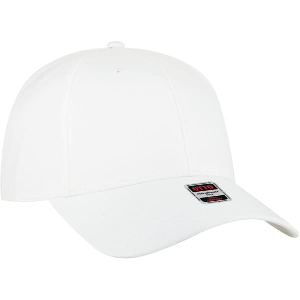 A white six-panel low profile baseball cap with a branding logo on the front.