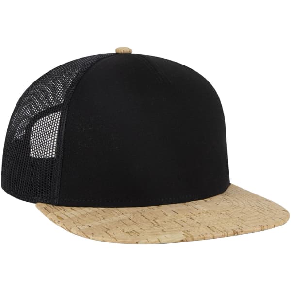 A black 5 Panel Pro Style Trucker Cap with a cork-patterned brim and mesh back. Features a logo on the front.