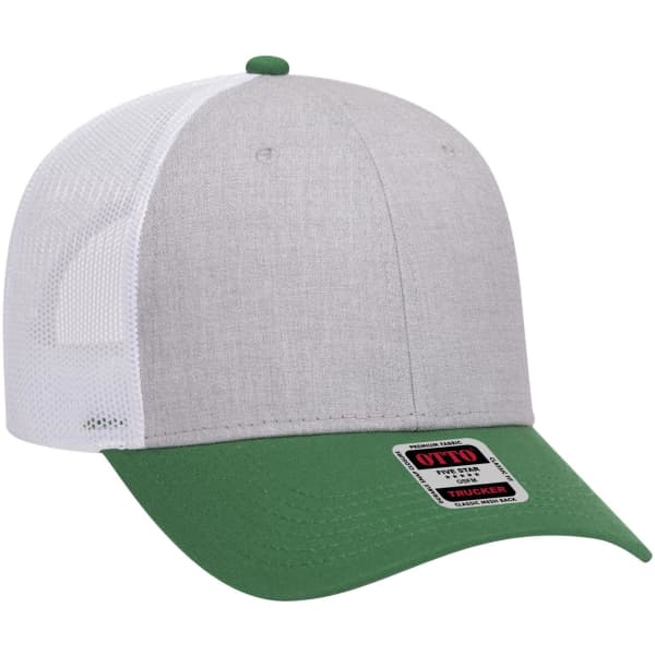 A grey and green 6 panel low profile trucker cap with a mesh back and a logo on the band.