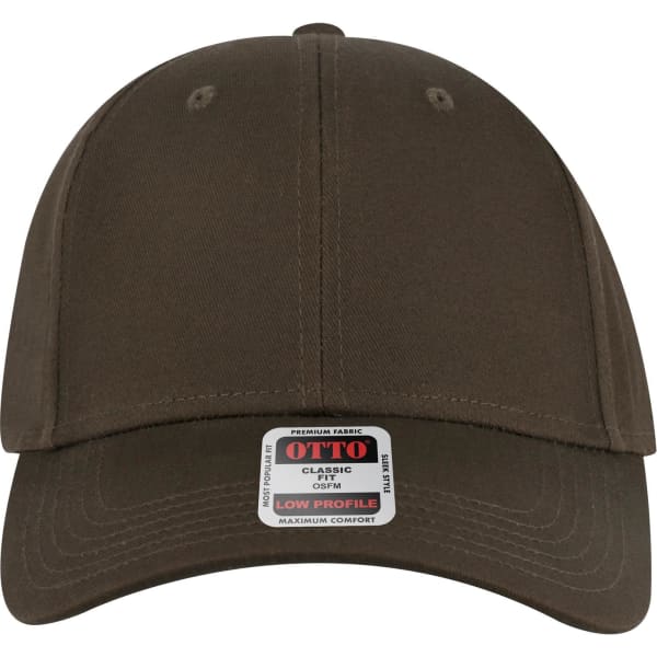 A low profile baseball cap in dark brown with a branded label on the front.