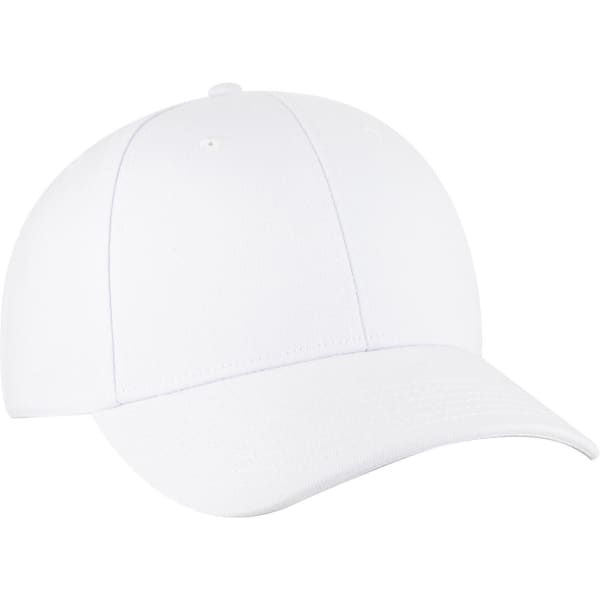 A white 6 panel low profile baseball cap with a curved brim and a logo on the front.