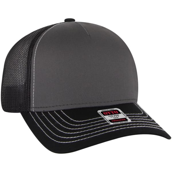 A five-panel low-profile trucker cap featuring a grey front and black mesh back, with a branded tag on the front.