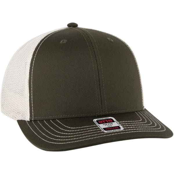 A 6 panel mid profile trucker cap in olive green with a white mesh back and a logo on the front.