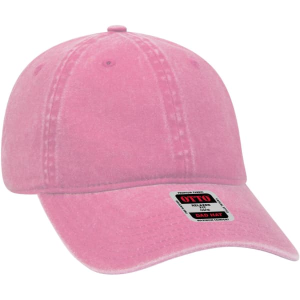 A pink 6 panel low profile dad cap with a curved brim and a logo on the front.