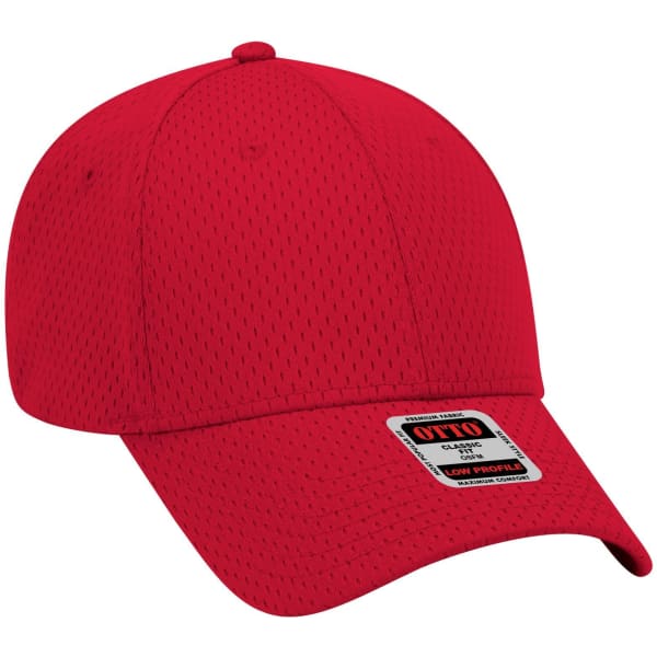 A red low profile baseball cap with a mesh design and a logo on the front.