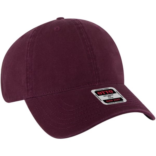 A maroon 6 panel low profile style dad cap featuring a branding logo on the front.