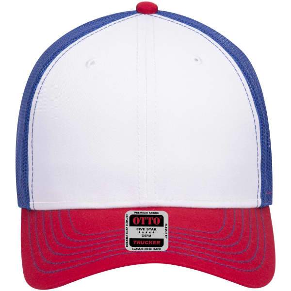 A low profile trucker cap with a white front, red brim, and blue mesh back. It features a logo at the back.