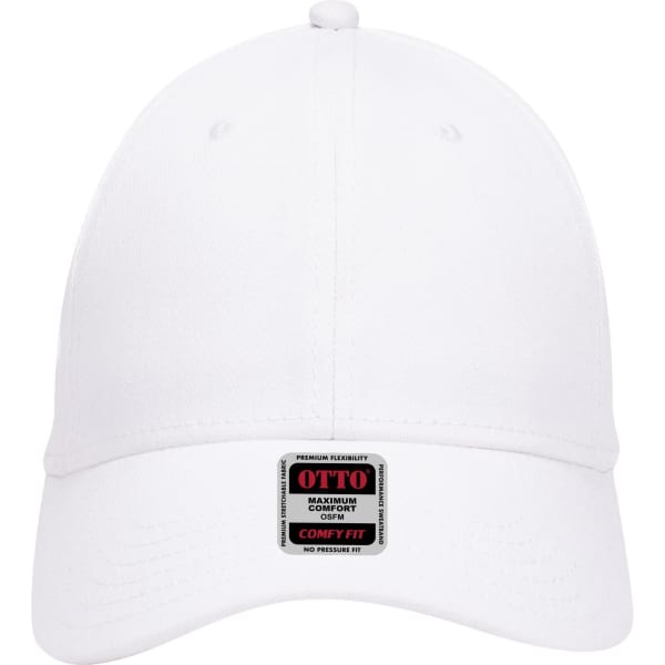 A white six-panel low-profile baseball cap featuring a logo. The cap has a comfortable fit design.