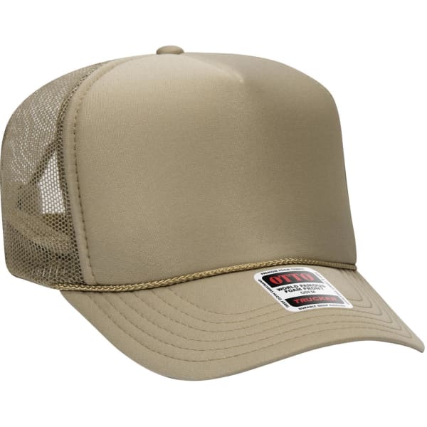 A beige 5 panel high crown trucker cap with a mesh back and an adjustable strap, featuring a branded label.