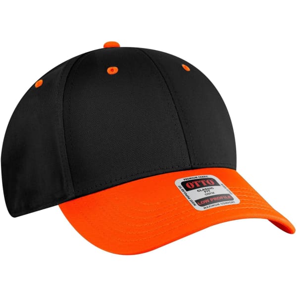 A black and orange 6 panel low profile baseball cap featuring a logo on the front.