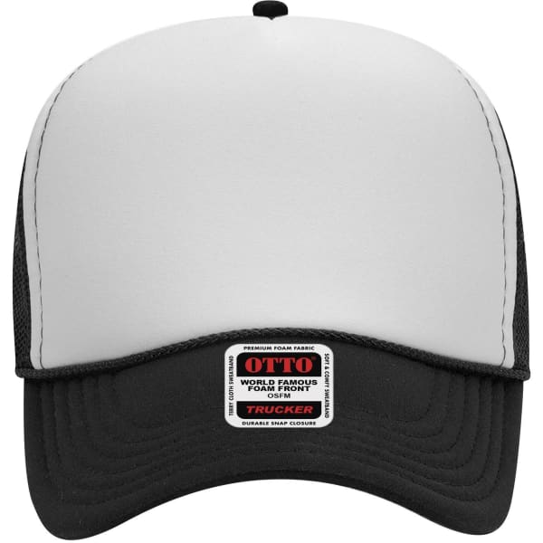A 5-panel mid-profile trucker cap featuring a white front and black mesh sides, with a logo on the front.
