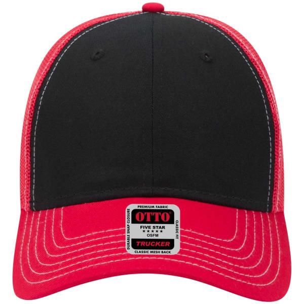 A black and red 6-panel low profile trucker cap with a mesh back and a visible logo on the front label.