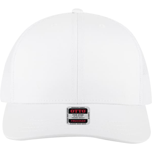 A white 6 panel mid profile trucker cap featuring a label on the front.