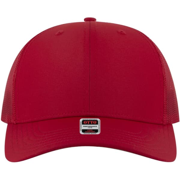 A red mid-profile trucker cap with a mesh back and a small logo patch at the front.