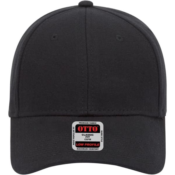 A black 6-panel low profile baseball cap featuring a branded tag on the front.