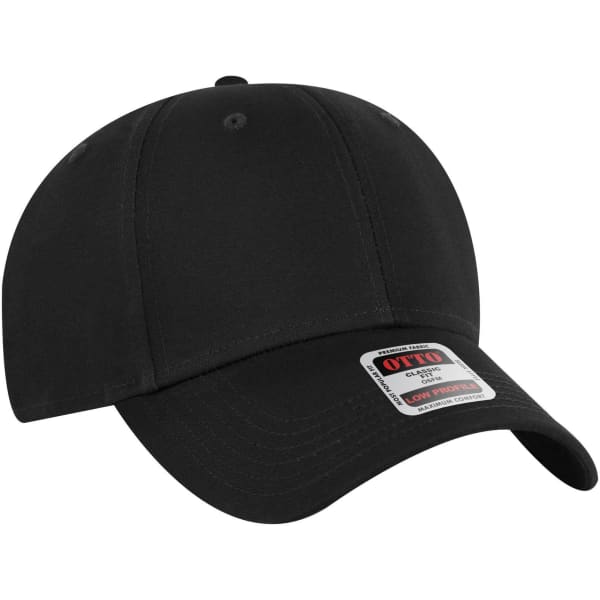 A black 6-panel low profile baseball cap with a logo on the front and a curved brim.