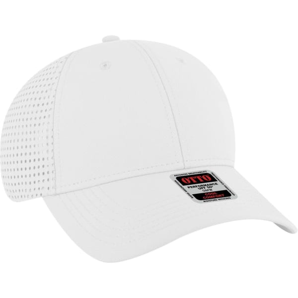 A white six-panel low profile baseball cap with a mesh back and a logo on the front.